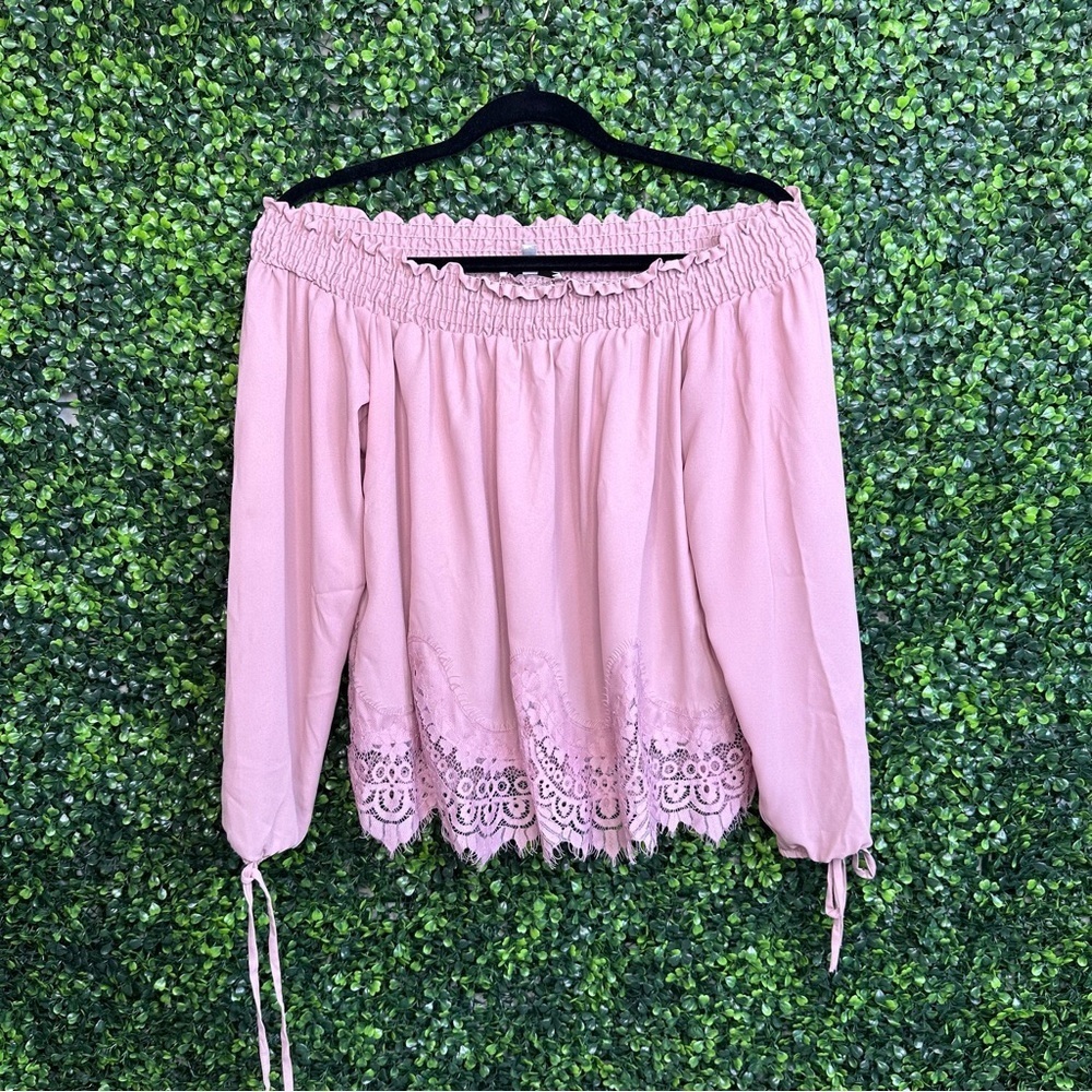 Mauve pink lace trim off shoulder top